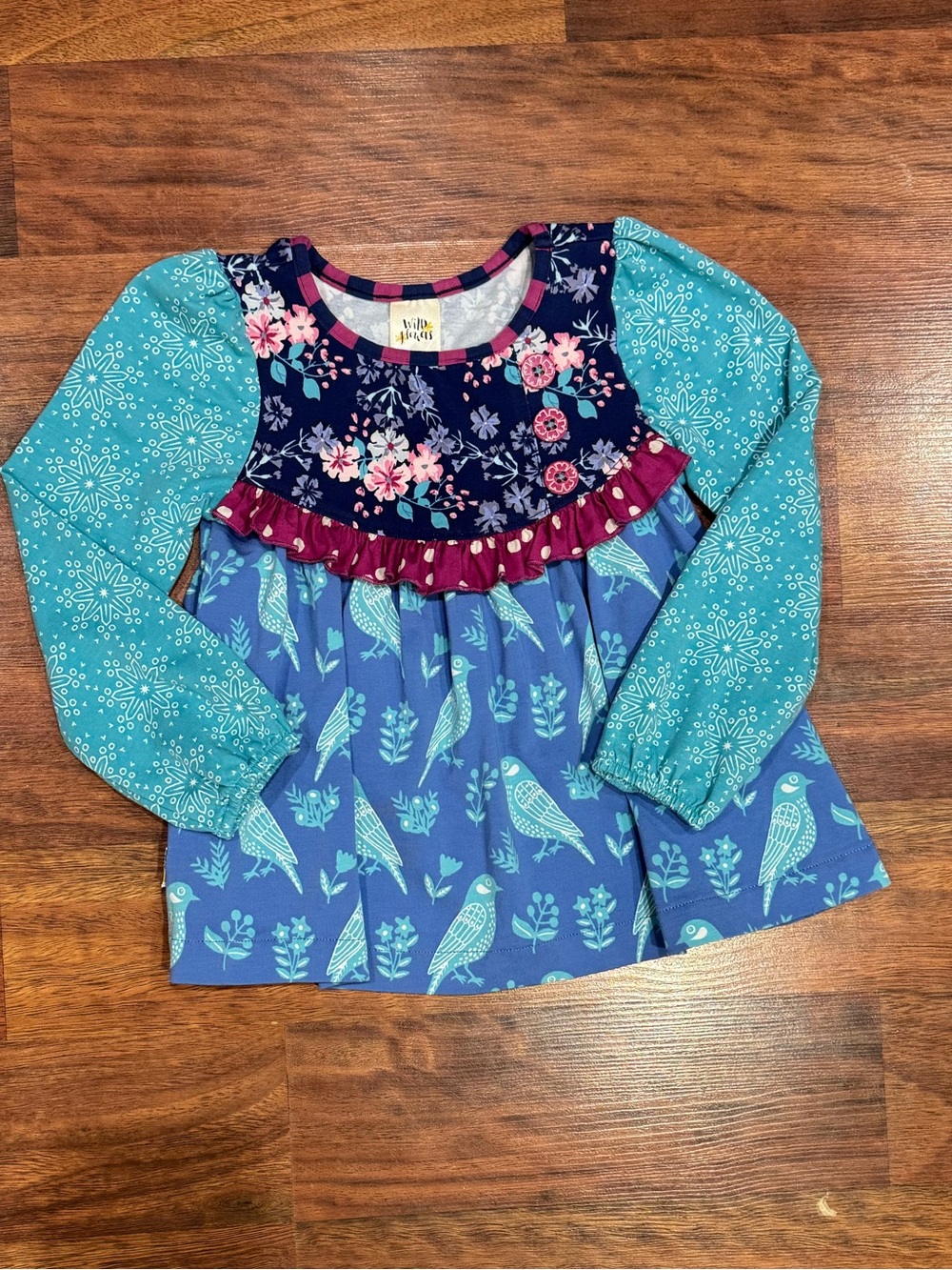 Wild Flowers Dress - Blue & Teal Floral and Bird Long-Sleeves